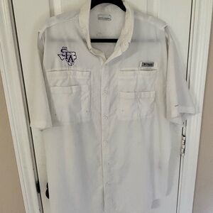 Columbia White Short-Sleeve Button Down Shirt with Purple SFA Logo Men’s XL